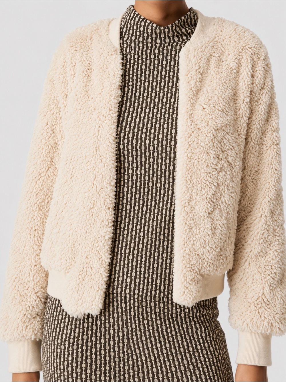 COMPANIA FANTASTICA Cream Faux Fur Full Zip Bomber Jacket NWT Size Large